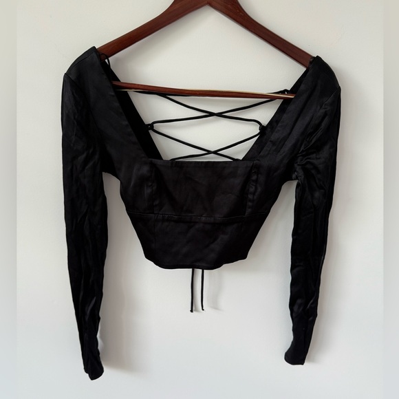 Zara Satin Corset Top Long Sleeve Square Neck Lace Up Back Crop Blouse Sz XS NWT - Picture 1 of 7